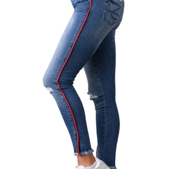 Seven7 size 10 mid rise ankle distressed skinny jeans with red stripes down legs - Picture 2 of 16